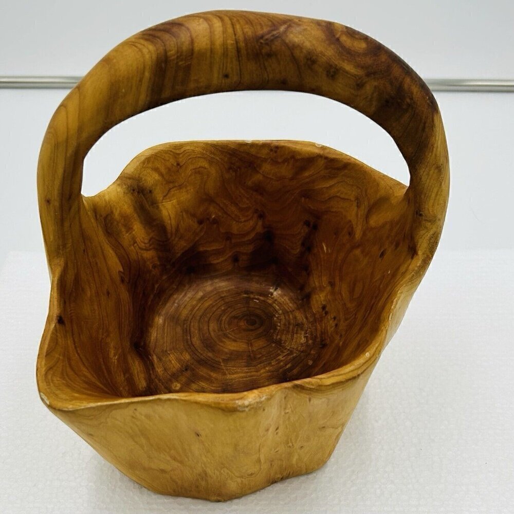 Hand Carved Burlwood Handled Basket Rustic Folk Art 8.5" x 7 x 9.5" - Picture 2 of 11